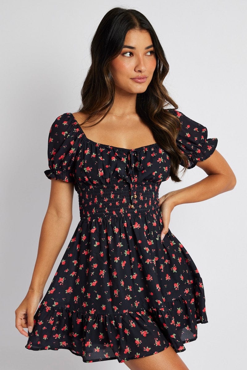 Black Floral Fit And Flare Dress Puff Sleeve Mini for Ally Fashion