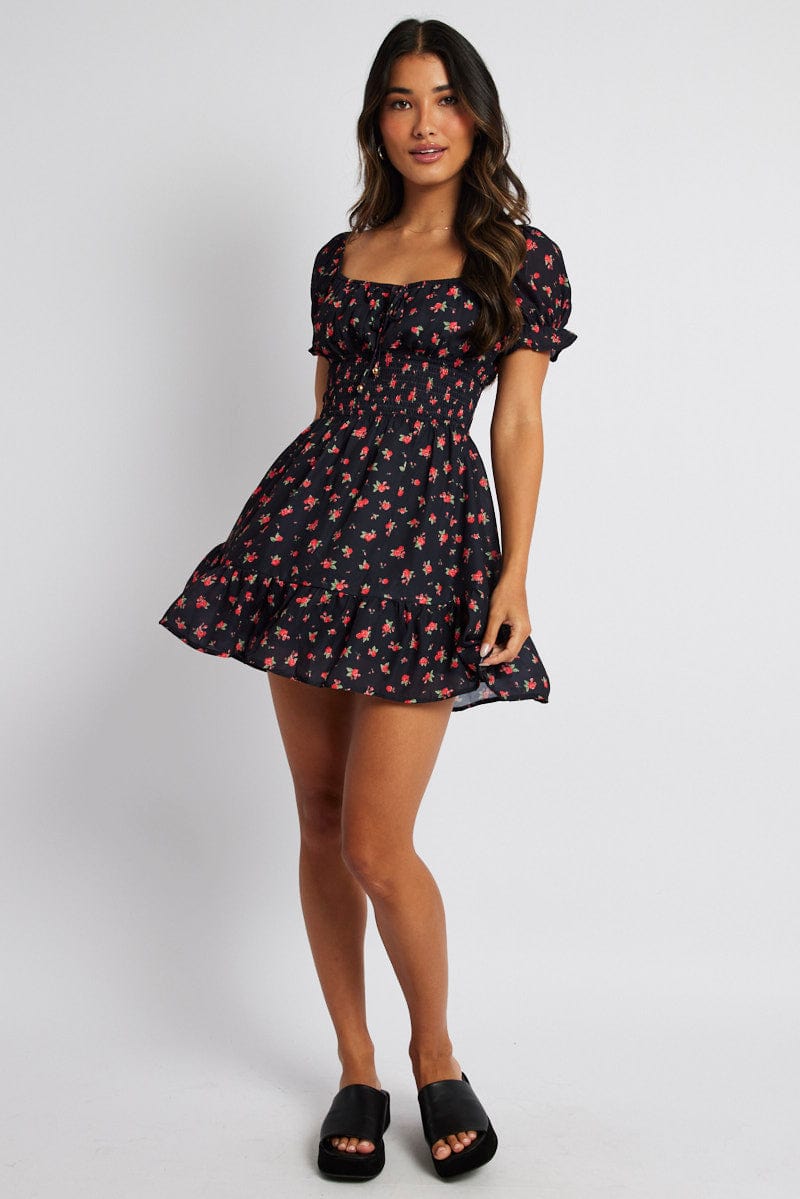 Black Floral Fit And Flare Dress Puff Sleeve Mini for Ally Fashion