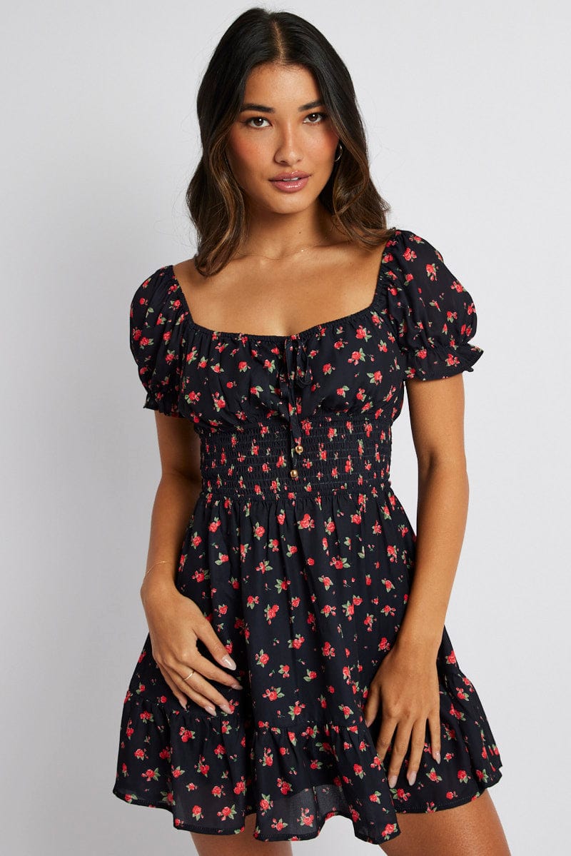 Black Floral Fit And Flare Dress Puff Sleeve Mini for Ally Fashion