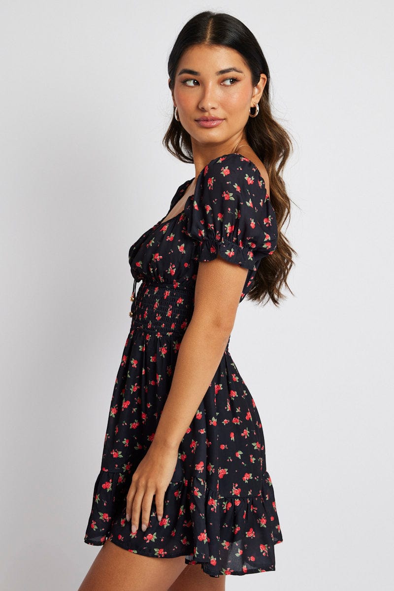 Black Floral Fit And Flare Dress Puff Sleeve Mini for Ally Fashion