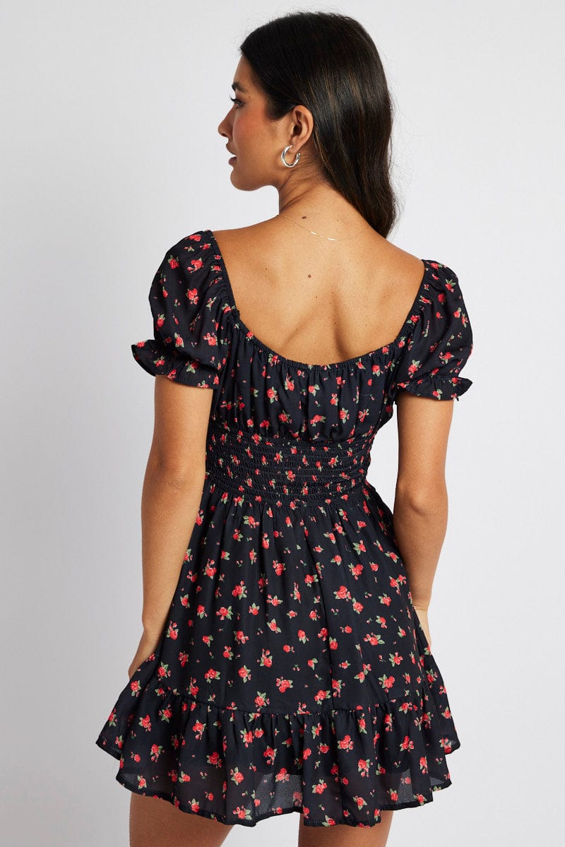 Black Floral Fit And Flare Dress Puff Sleeve Mini for Ally Fashion