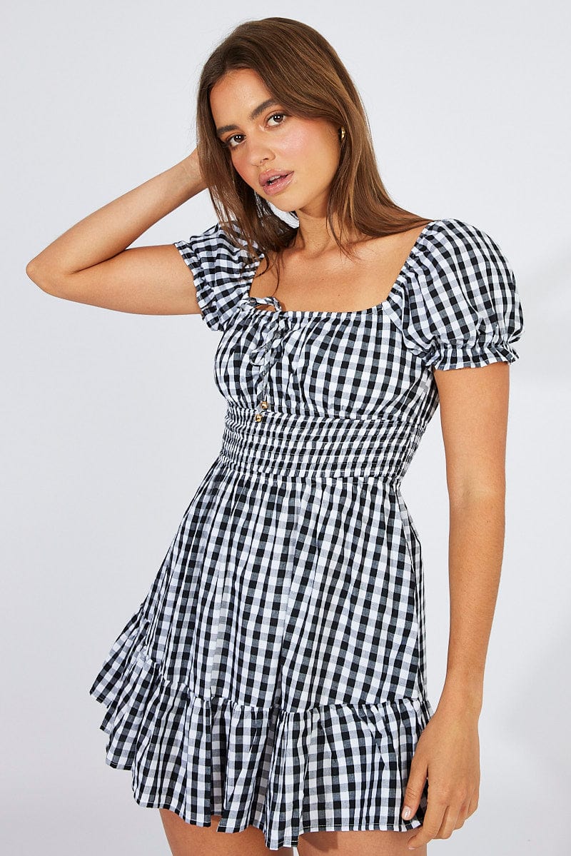 Black Check Fit And Flare Dress Puff Sleeve Mini for Ally Fashion