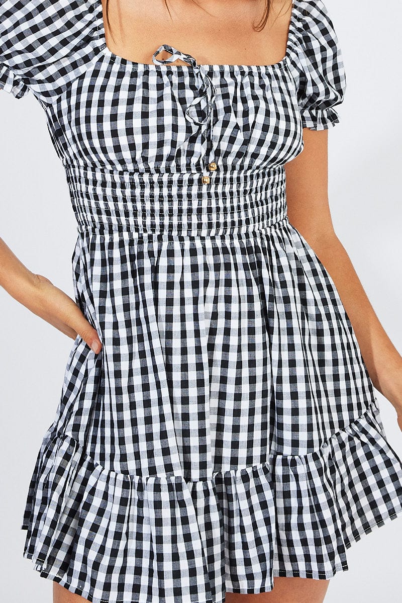 Black Check Fit And Flare Dress Puff Sleeve Mini for Ally Fashion