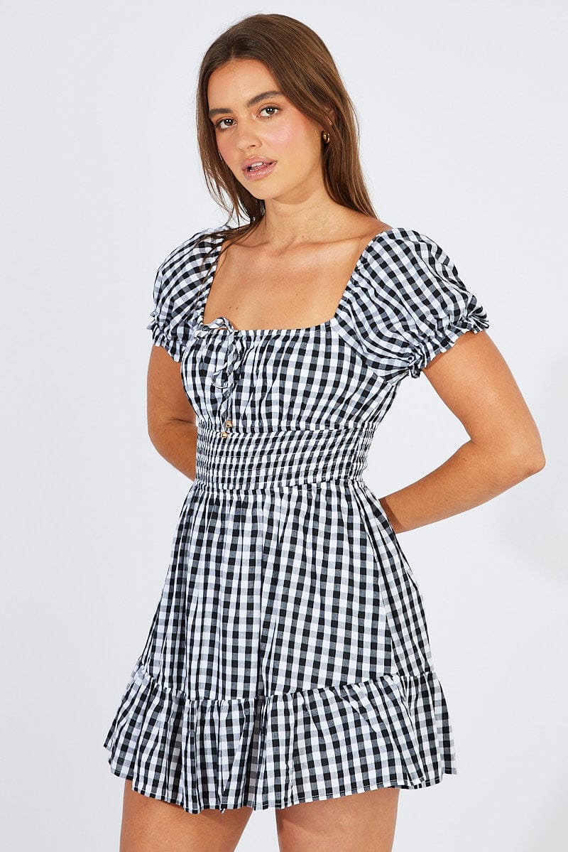 Black Check Fit And Flare Dress Puff Sleeve Mini for Ally Fashion