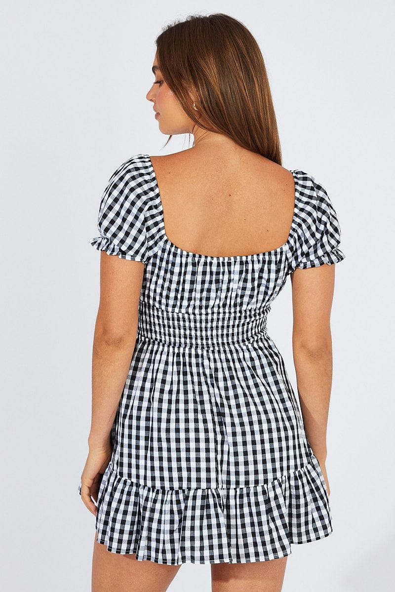 Black Check Fit And Flare Dress Puff Sleeve Mini for Ally Fashion