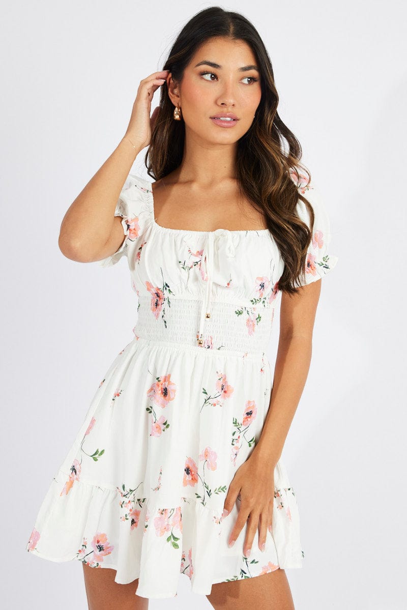 White Floral Fit And Flare Dress Puff Sleeve Mini for Ally Fashion