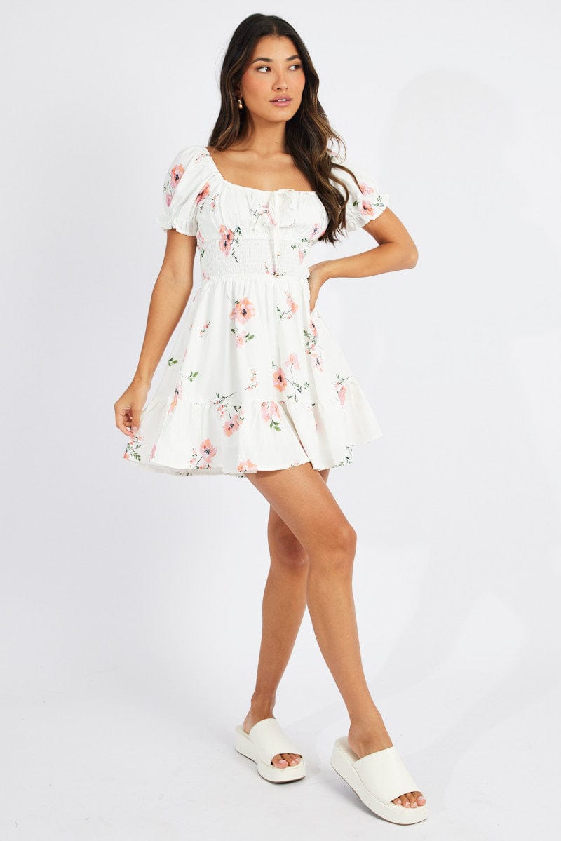 White Floral Fit And Flare Dress Puff Sleeve Mini for Ally Fashion