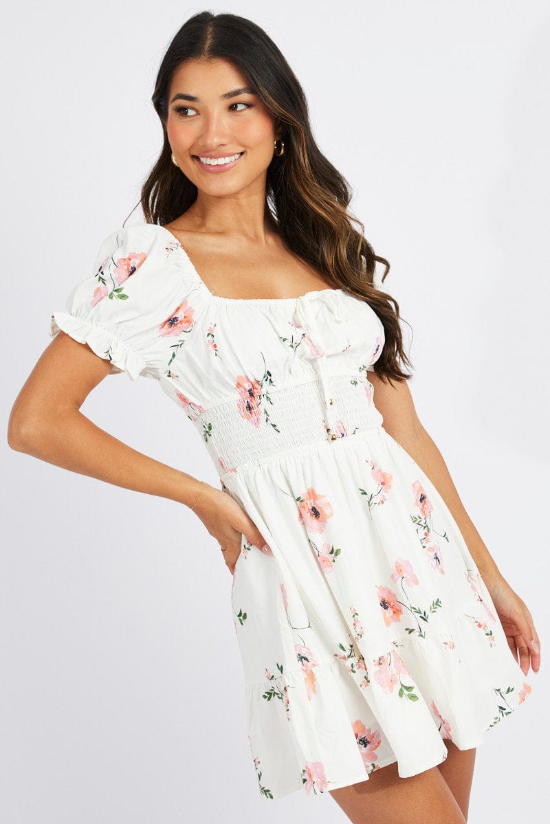 White Floral Fit And Flare Dress Puff Sleeve Mini for Ally Fashion