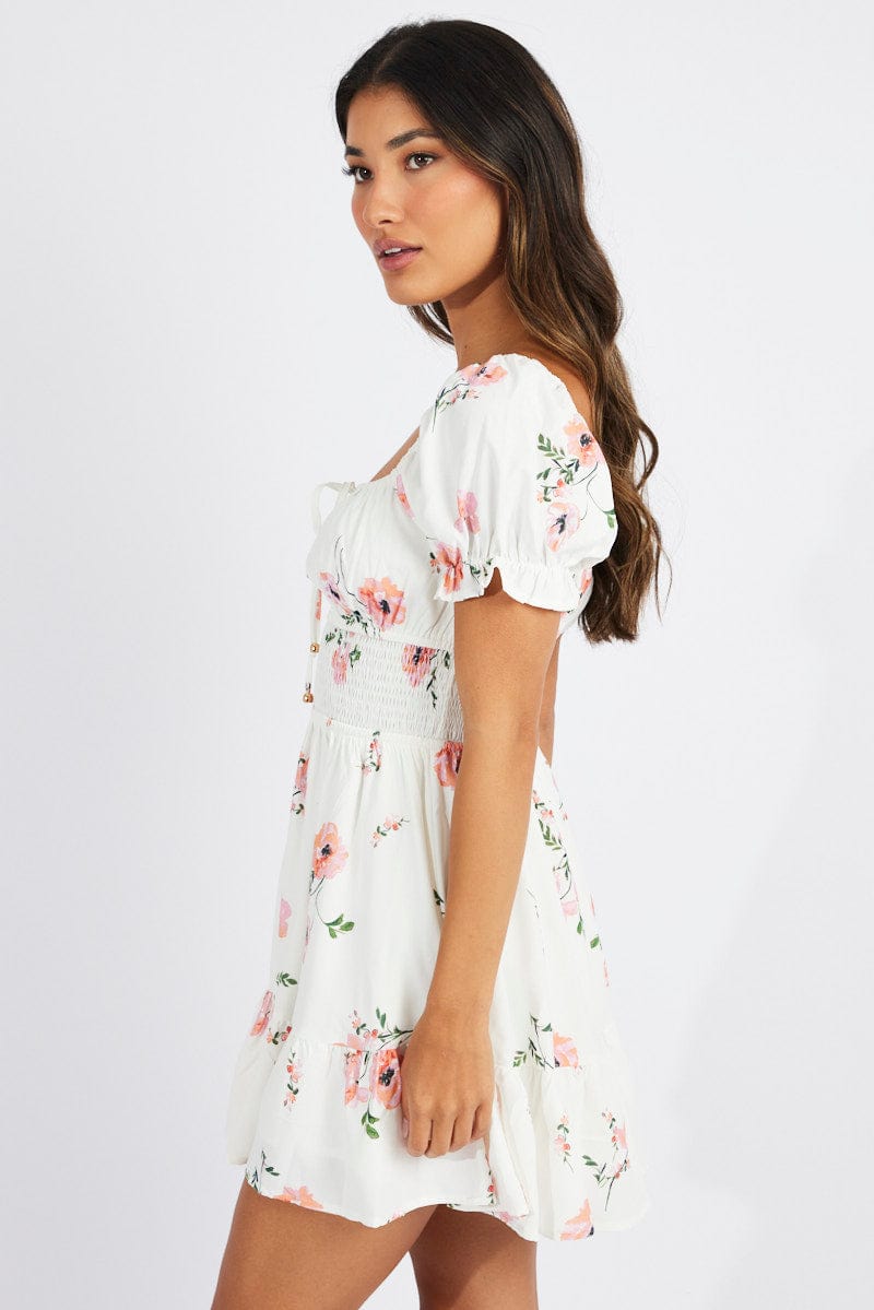 White Floral Fit And Flare Dress Puff Sleeve Mini for Ally Fashion