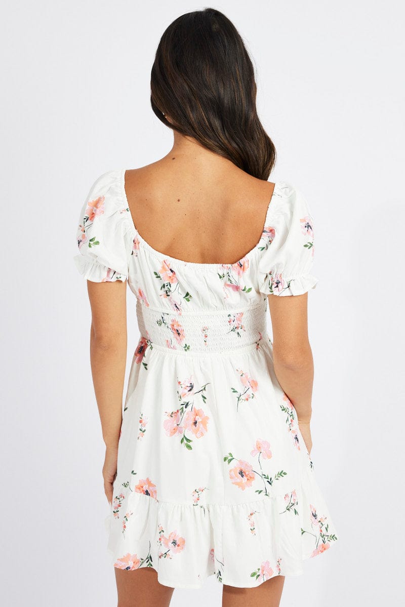 White Floral Fit And Flare Dress Puff Sleeve Mini for Ally Fashion