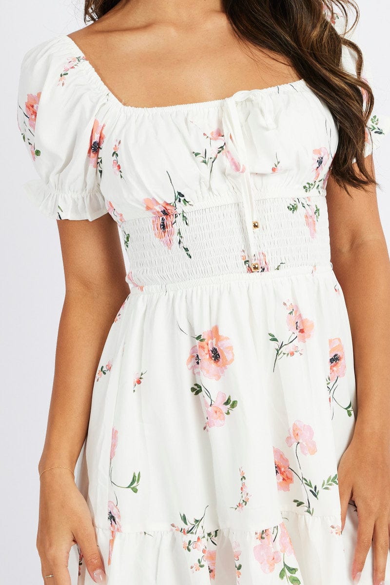 White Floral Fit And Flare Dress Puff Sleeve Mini for Ally Fashion