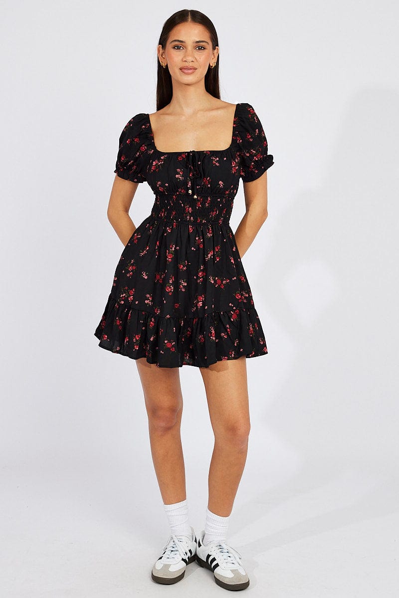 Black Floral Fit And Flare Dress Puff Sleeve Mini for Ally Fashion