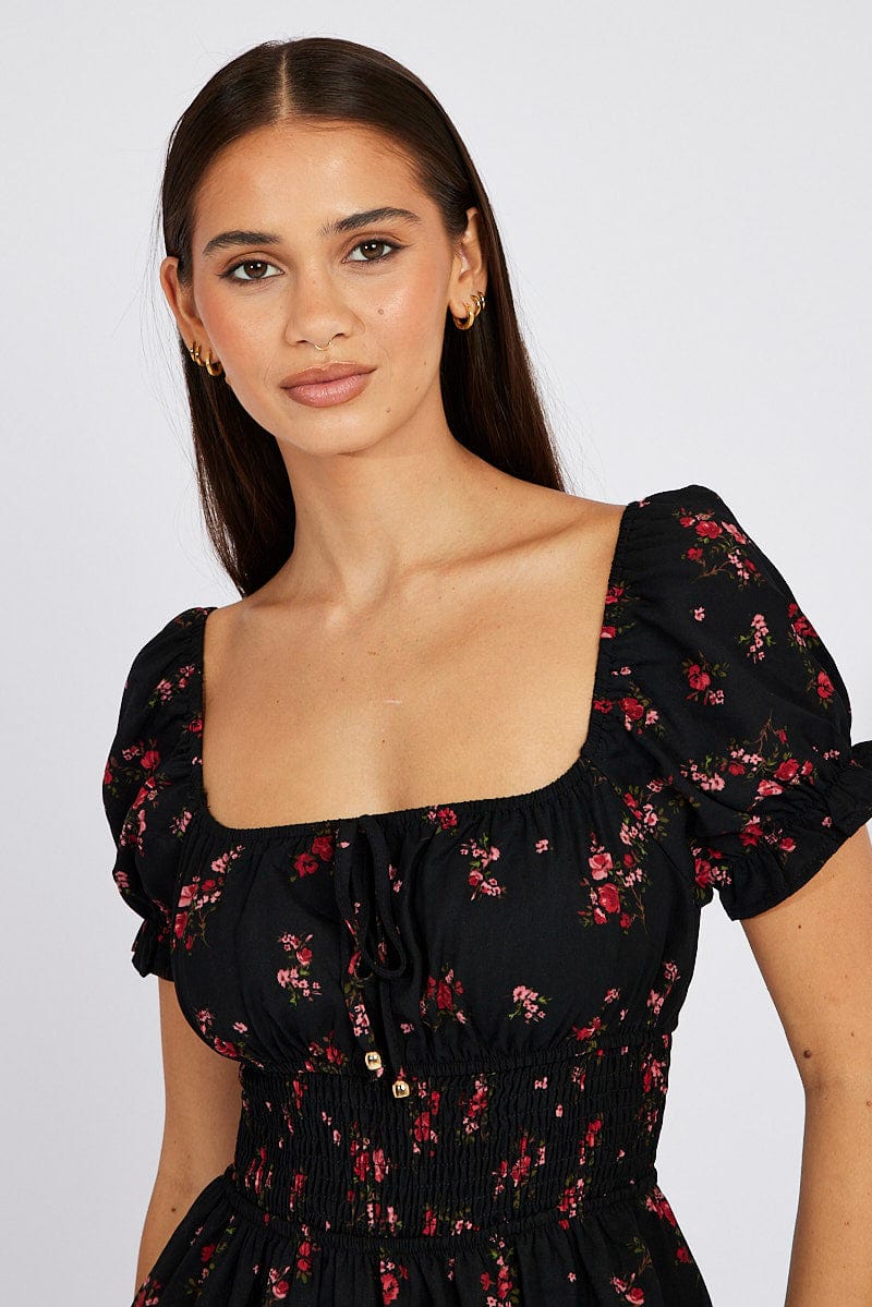 Black Floral Fit And Flare Dress Puff Sleeve Mini for Ally Fashion