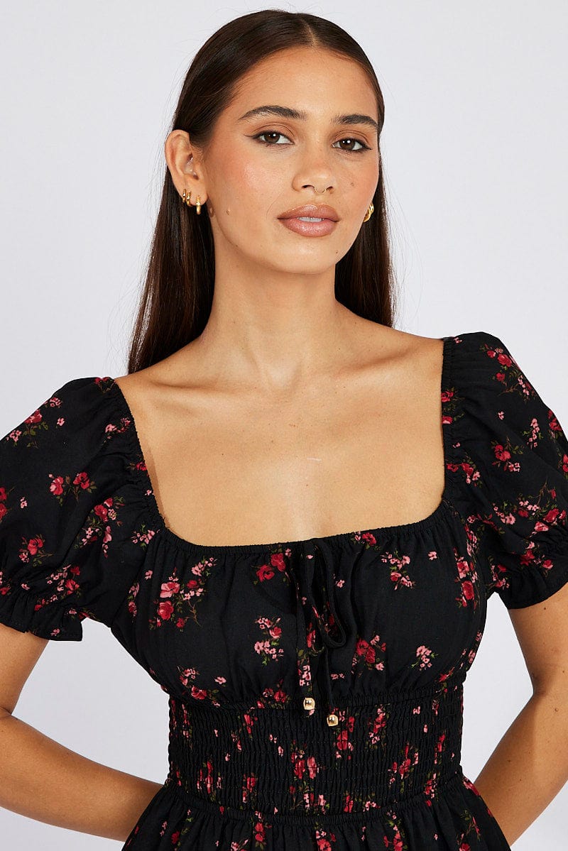 Black Floral Fit And Flare Dress Puff Sleeve Mini for Ally Fashion