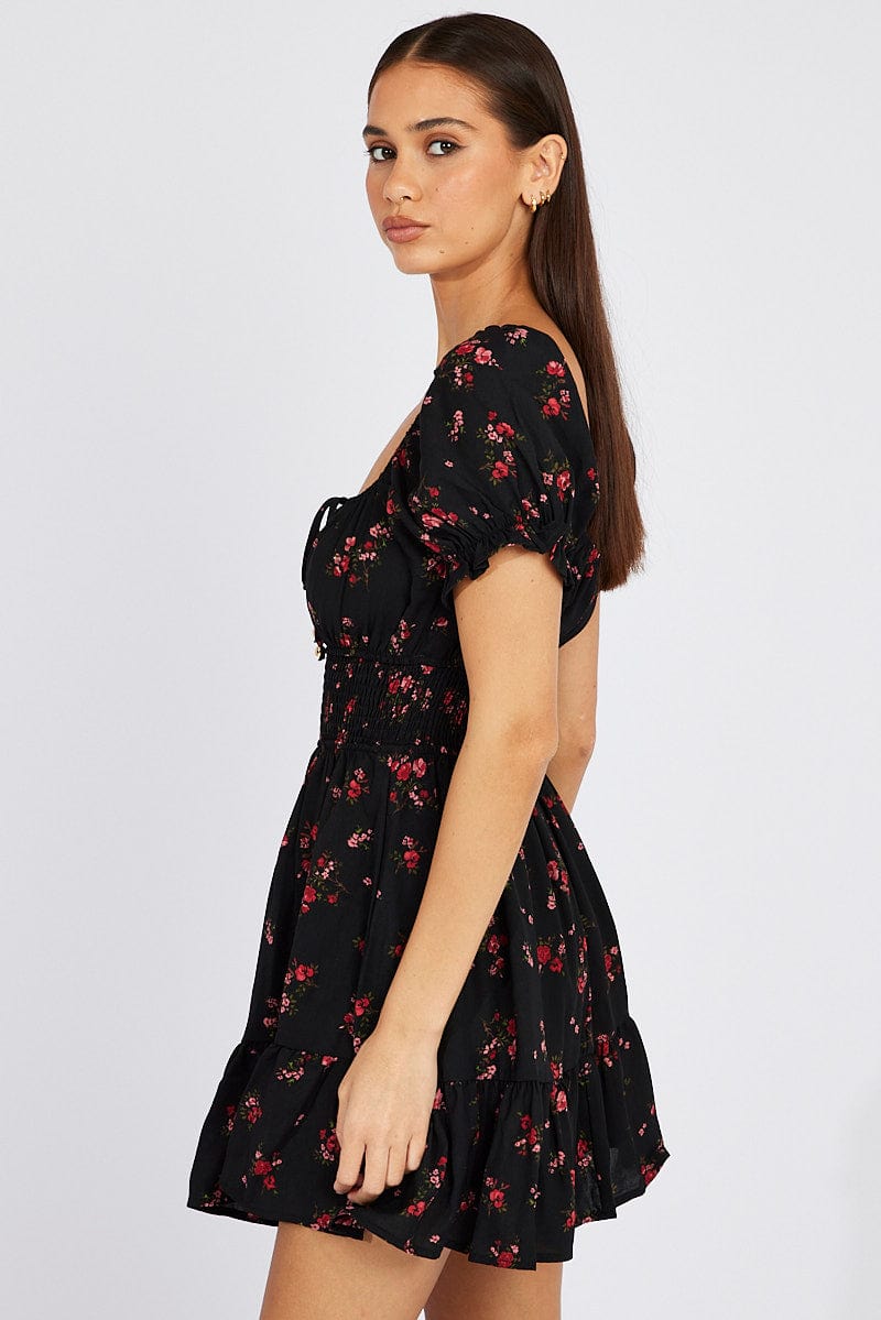 Black Floral Fit And Flare Dress Puff Sleeve Mini for Ally Fashion