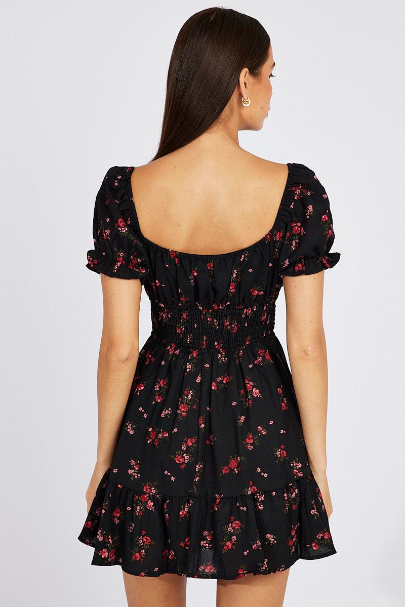 Black Floral Fit And Flare Dress Puff Sleeve Mini for Ally Fashion