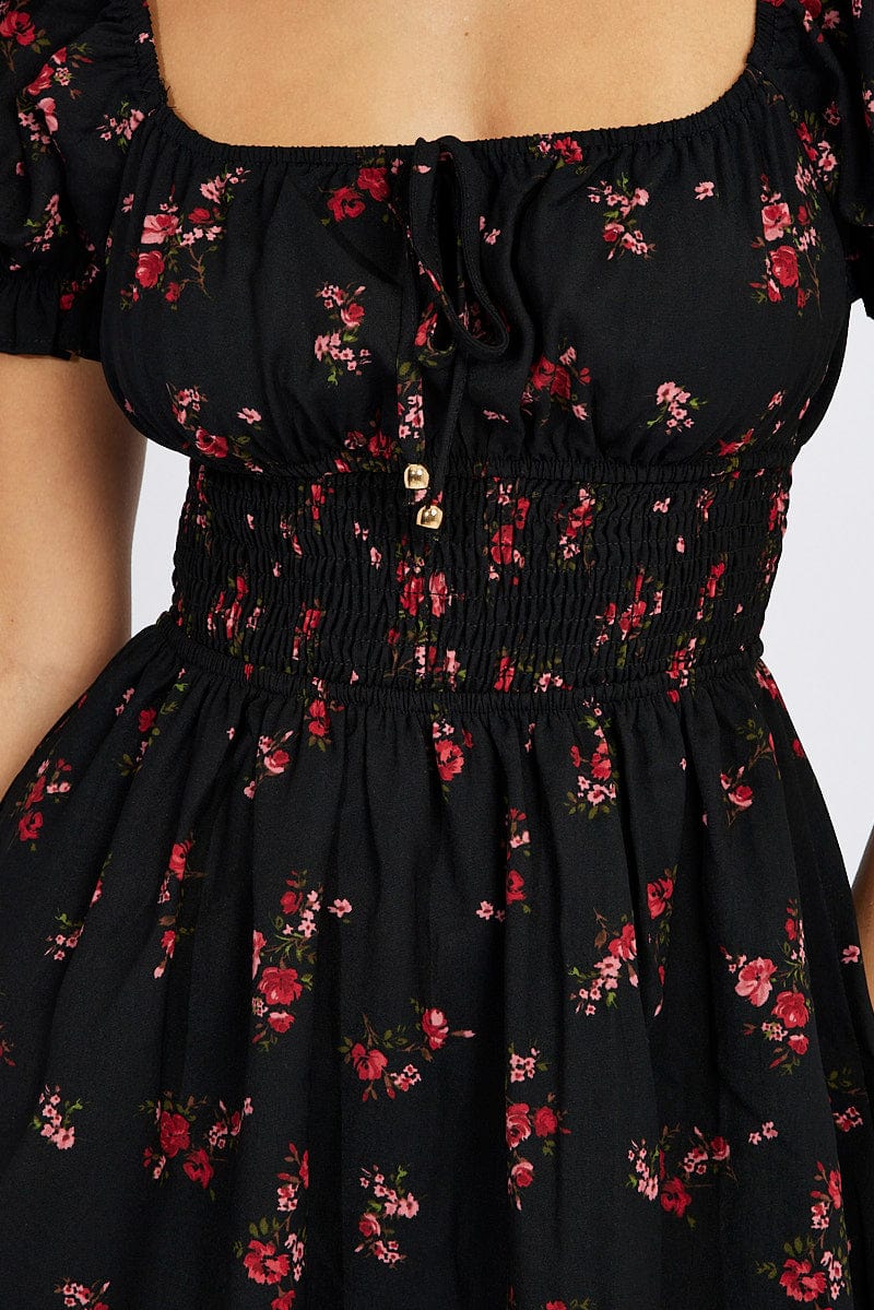 Black Floral Fit And Flare Dress Puff Sleeve Mini for Ally Fashion