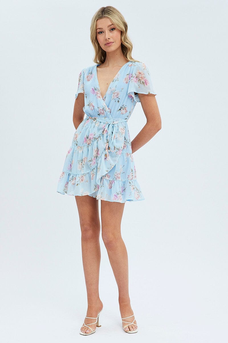 Blue Floral Fit And Flare Dress Short Sleeve Wrap Chiffon for Ally Fashion