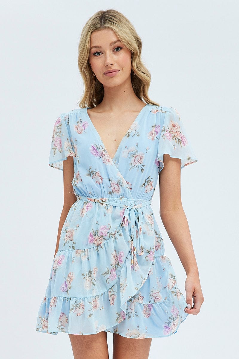 Blue Floral Fit And Flare Dress Short Sleeve Wrap Chiffon for Ally Fashion