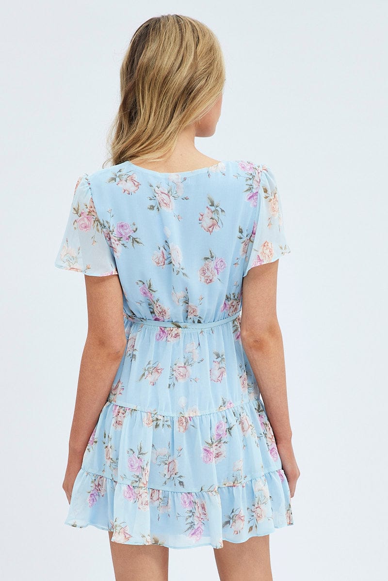 Blue Floral Fit And Flare Dress Short Sleeve Wrap Chiffon for Ally Fashion