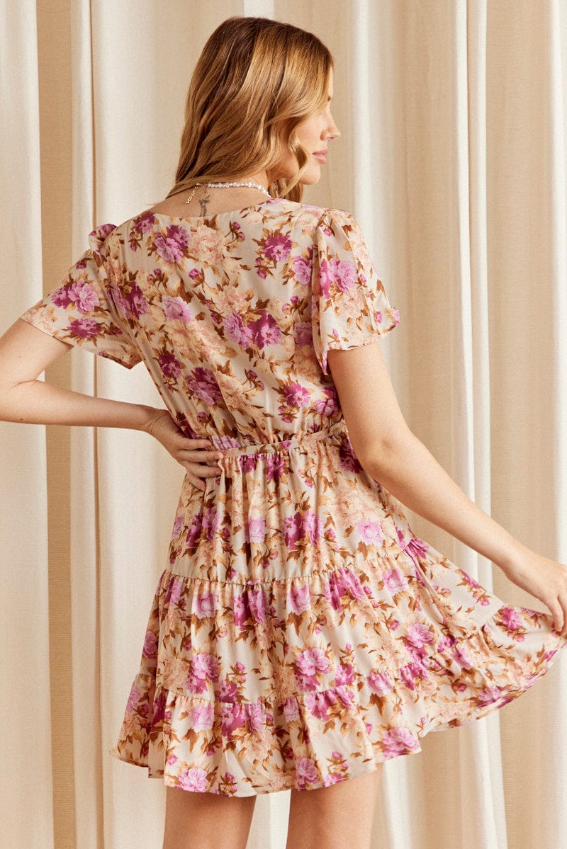 Pink Floral Fit And Flare Dress Short Sleeve Wrap Chiffon for Ally Fashion