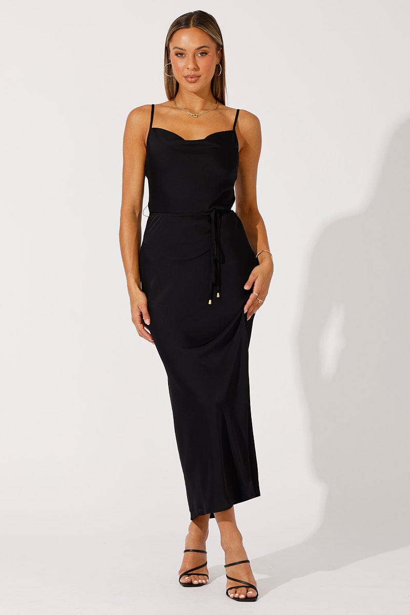 Black Maxi Dress Cowl Neck Satin for Ally Fashion