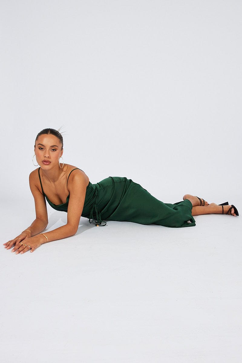 Green Maxi Dress Cowl Neck Satin for Ally Fashion