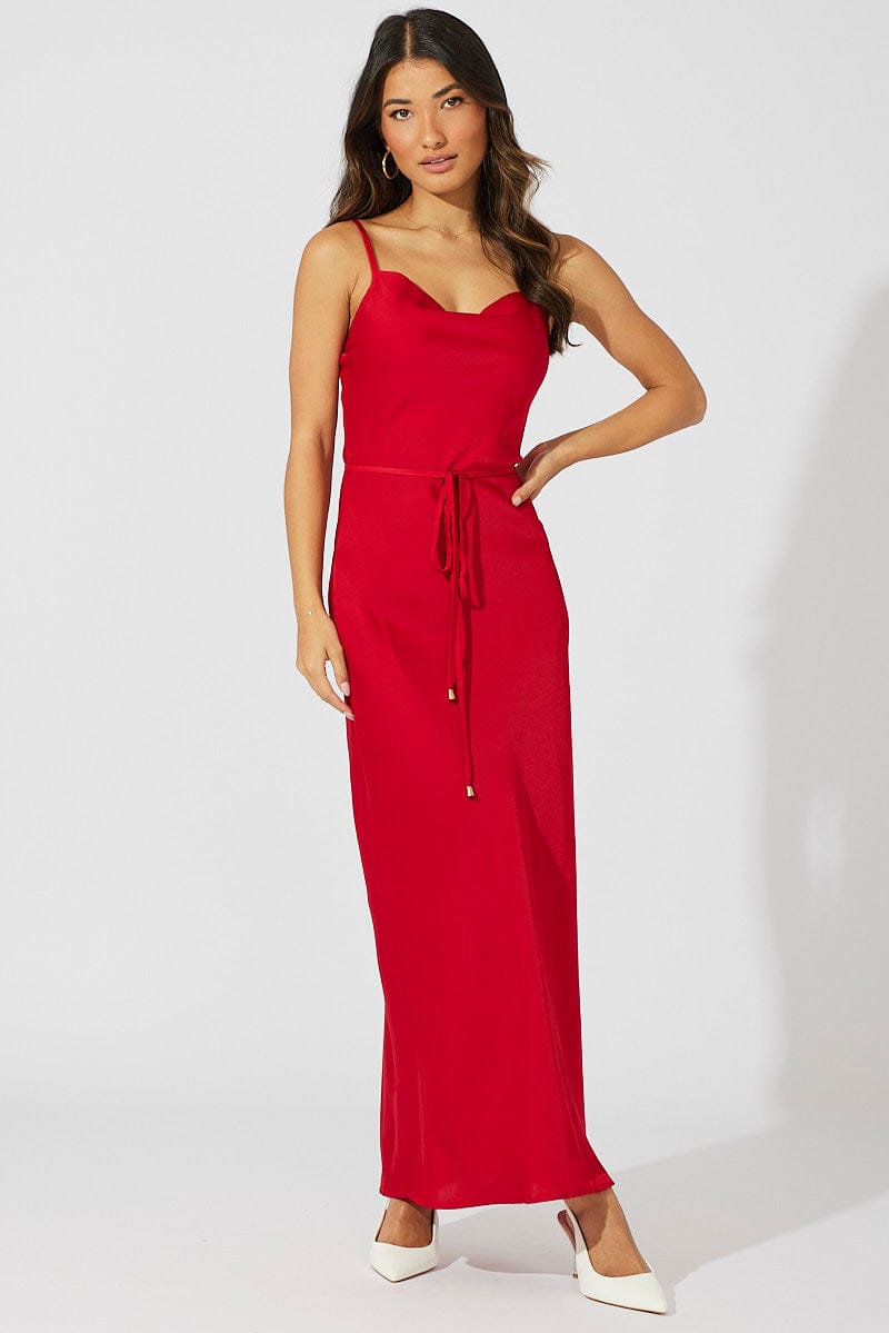 Red Maxi Dress Cowl Neck Satin for Ally Fashion