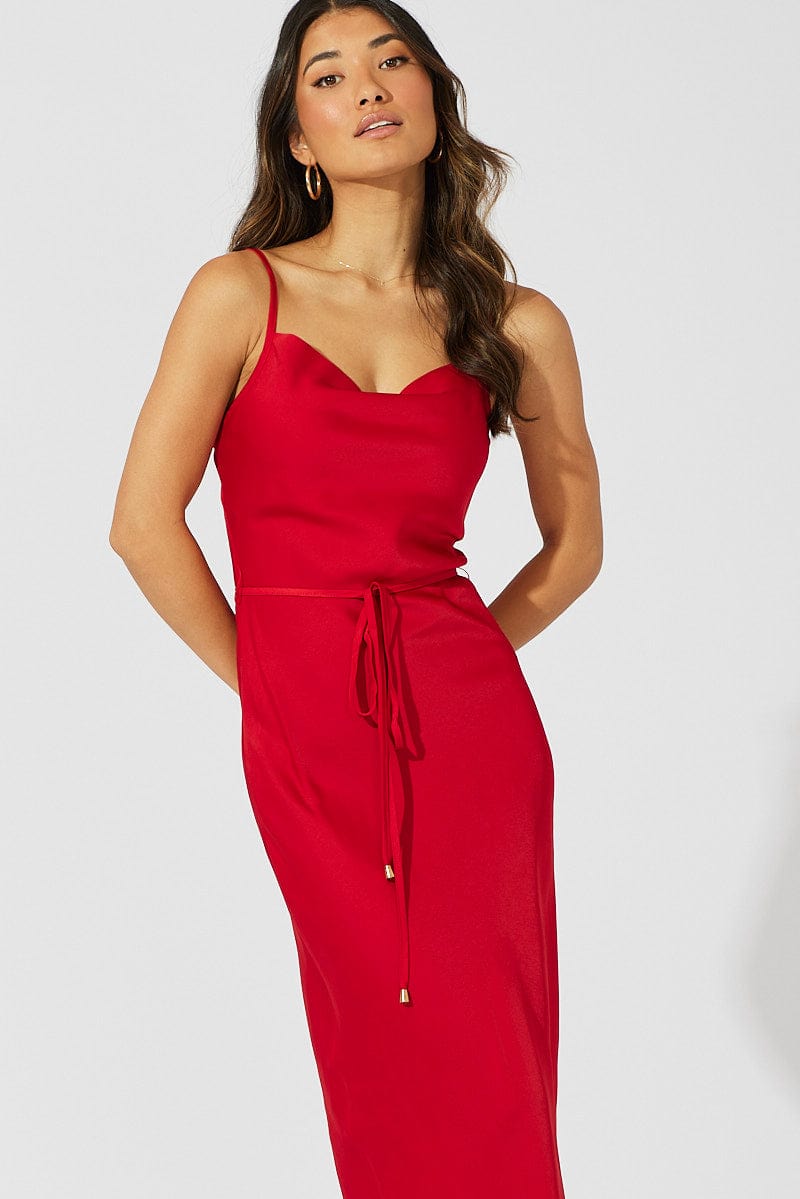 Red Maxi Dress Cowl Neck Satin for Ally Fashion