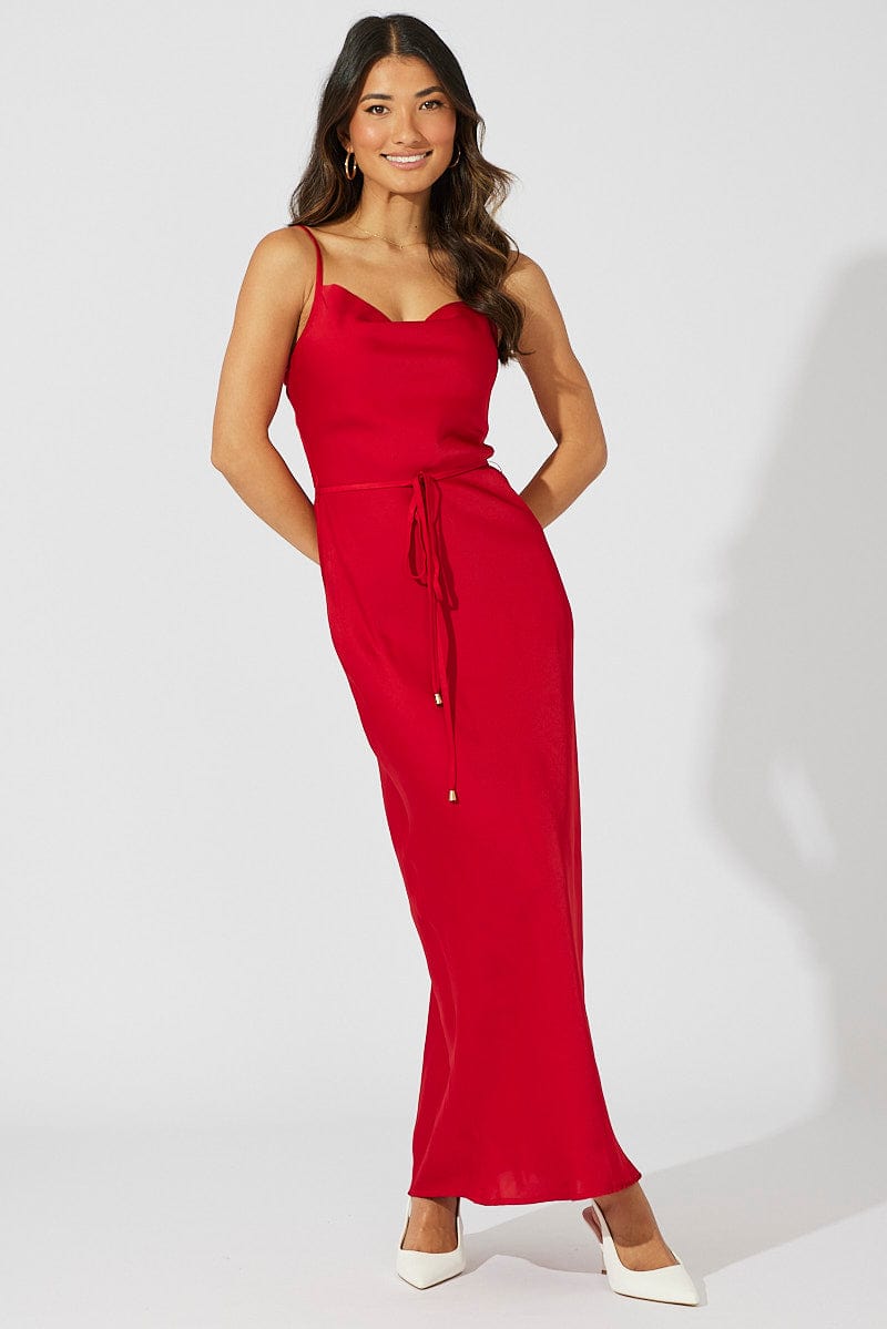 Red Maxi Dress Cowl Neck Satin for Ally Fashion