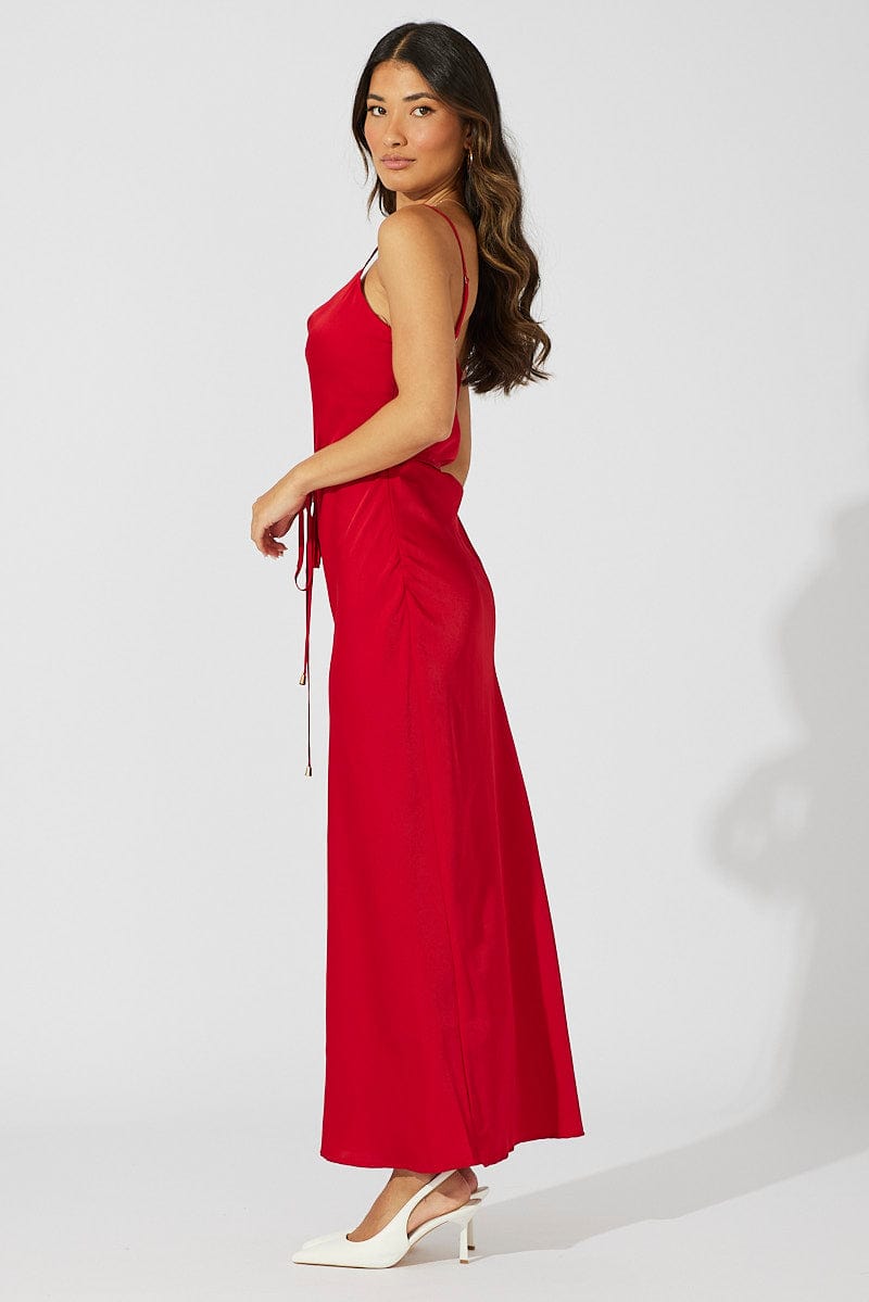 Red Maxi Dress Cowl Neck Satin for Ally Fashion