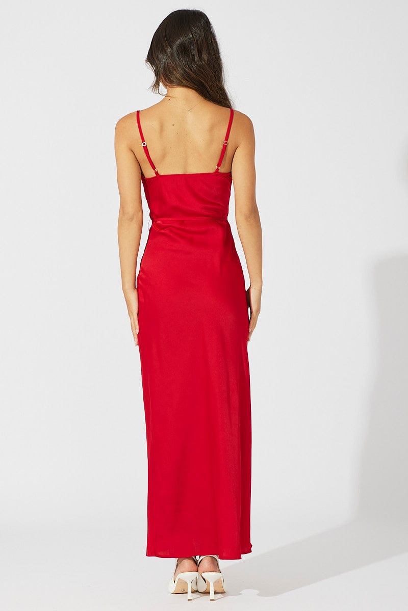 Red Maxi Dress Cowl Neck Satin for Ally Fashion