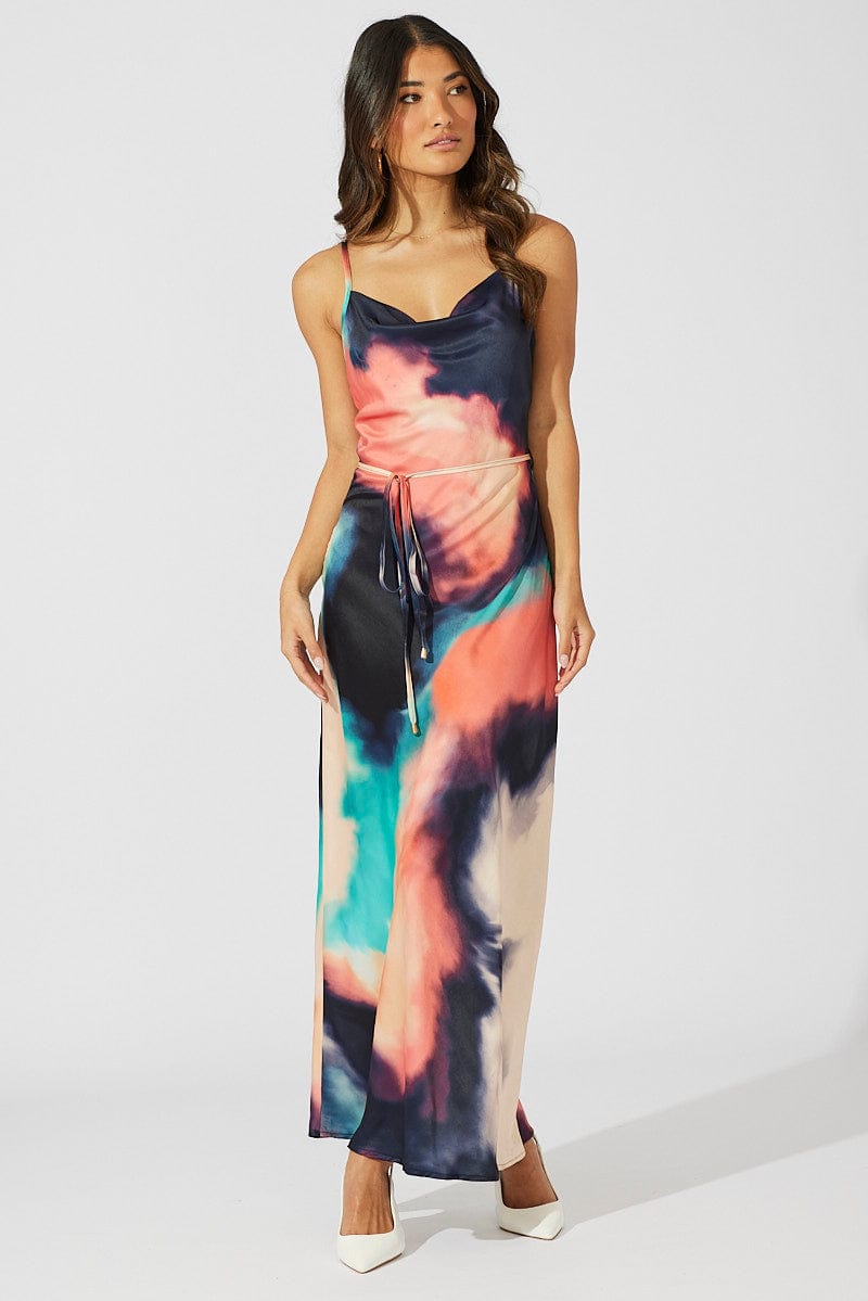 Multi Abstract Maxi Dress Cowl Neck Satin for Ally Fashion