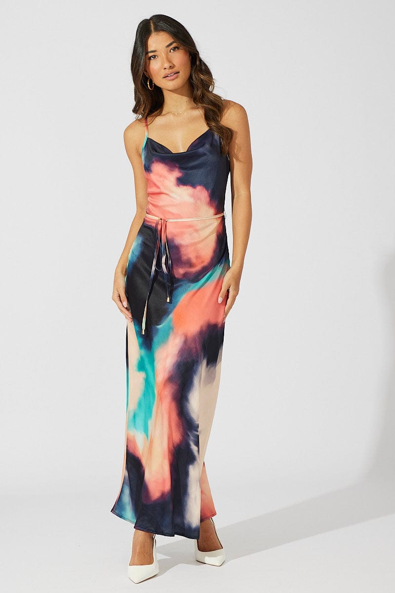 Multi Abstract Maxi Dress Cowl Neck Satin for Ally Fashion