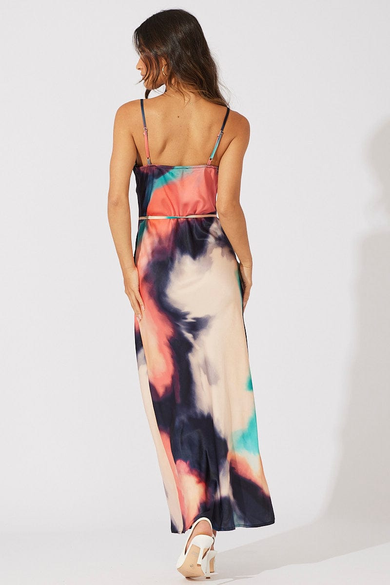 Multi Abstract Maxi Dress Cowl Neck Satin for Ally Fashion