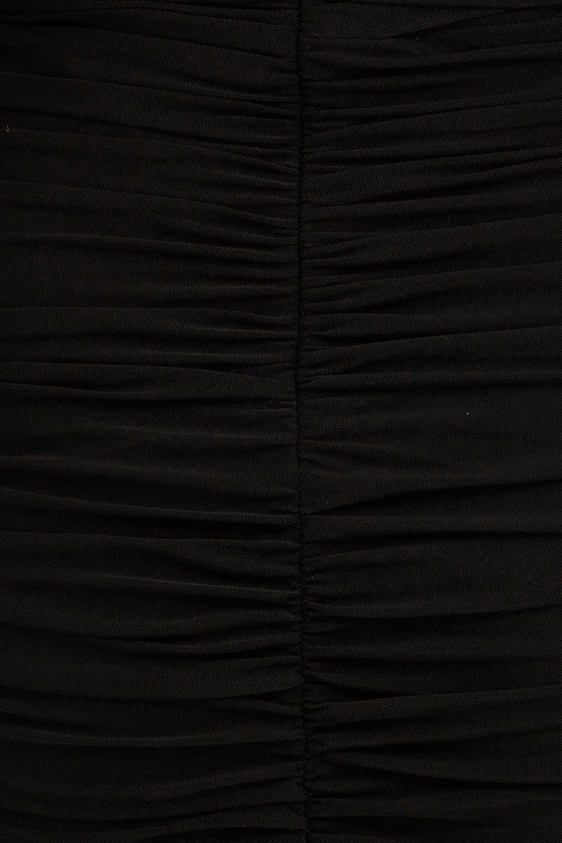 Black Midi Dress Bodycon Ruched Mesh for Ally Fashion