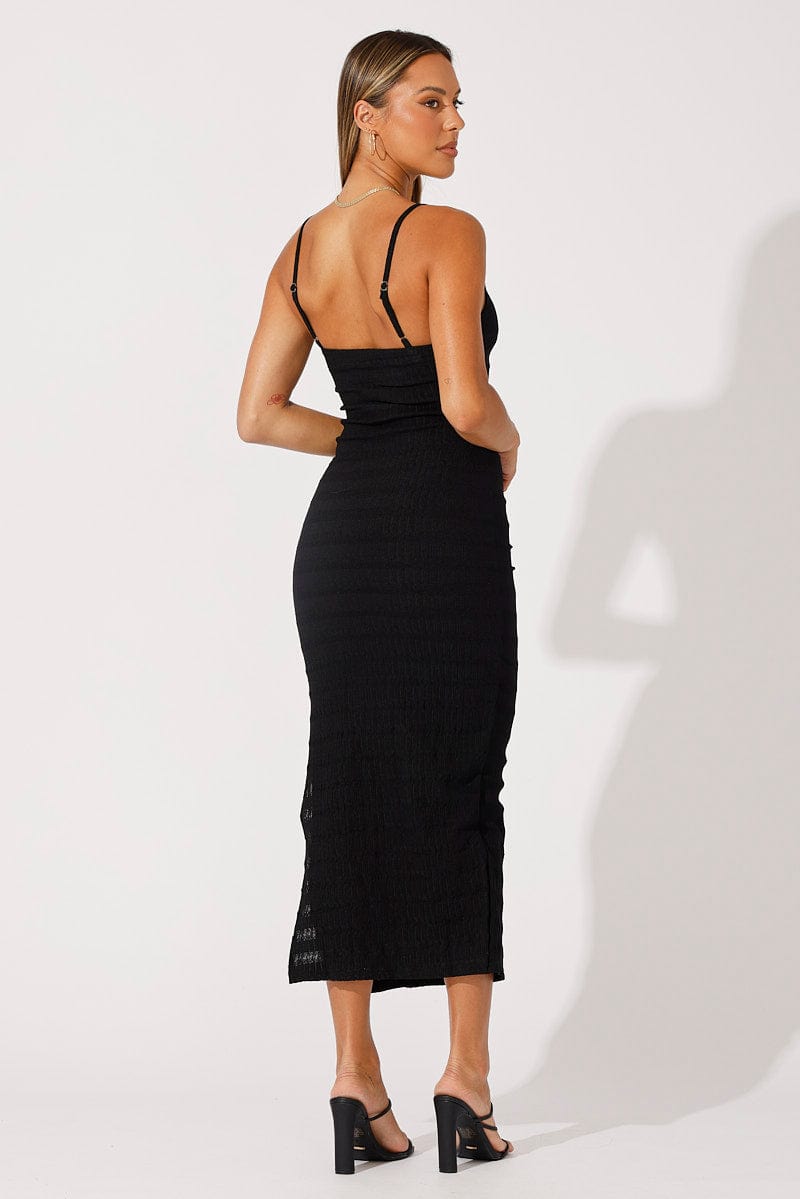 Black Maxi Dress Square Neck Bodycon Textured for Ally Fashion