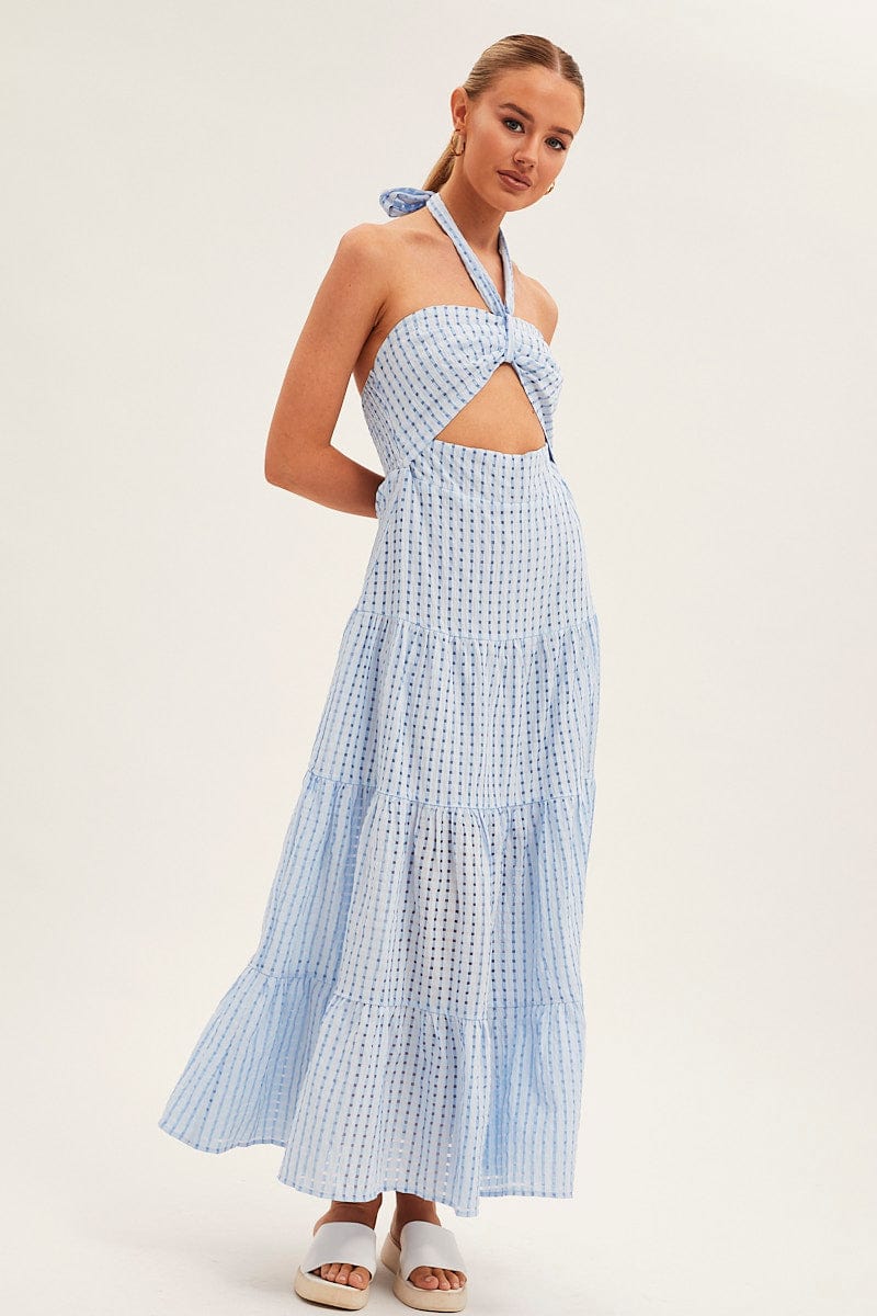 Blue Maxi Dress Tiered Halter for Ally Fashion