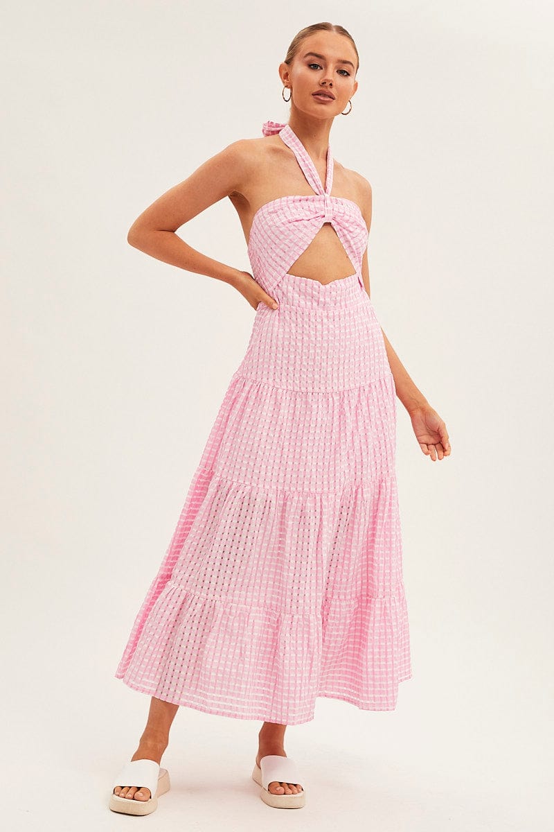 Pink Maxi Dress Tiered Halter for Ally Fashion