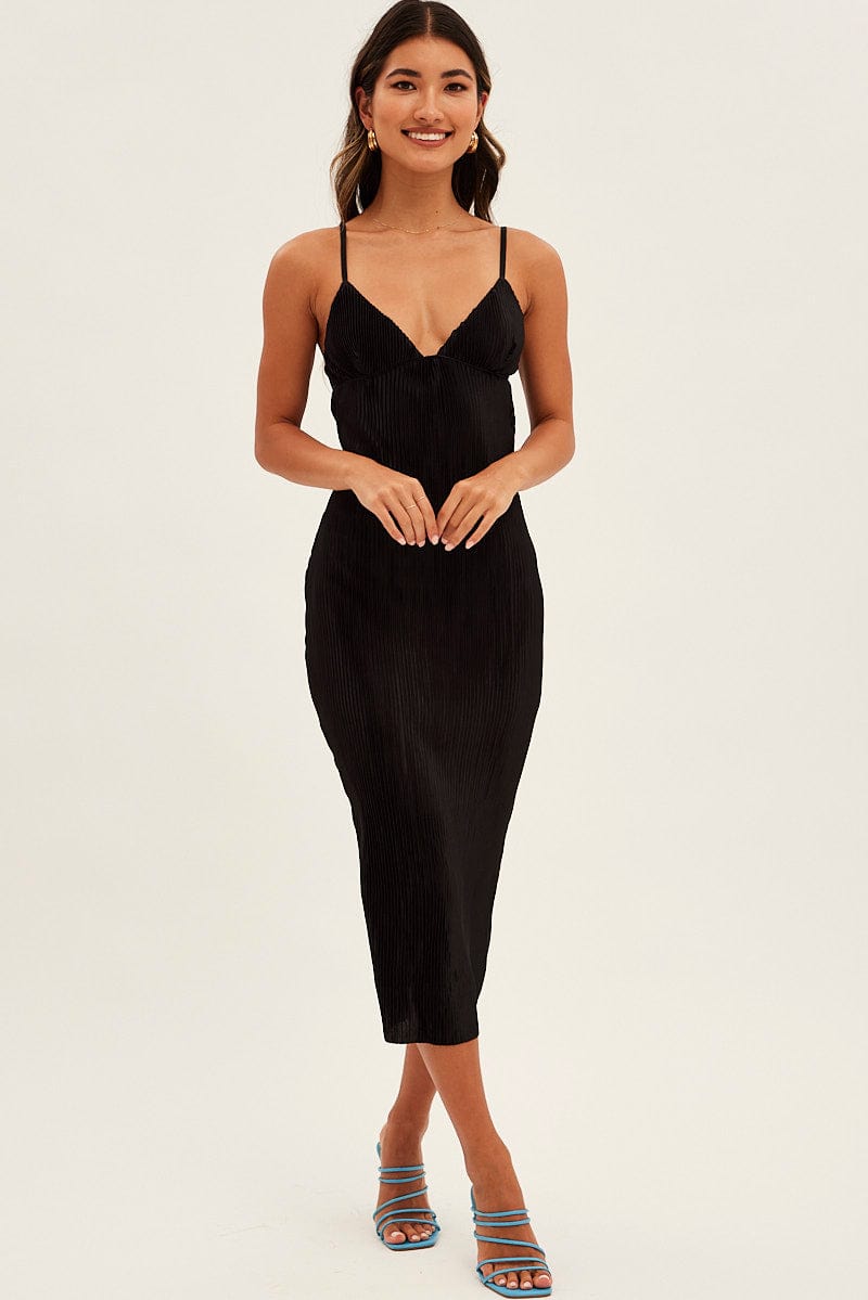 Black Slip Dress Midi Plisse Satin for Ally Fashion