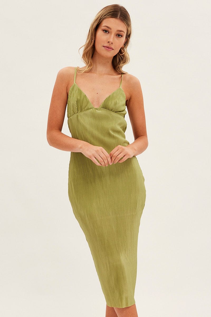 Green Slip Dress Midi Plisse Satin for Ally Fashion