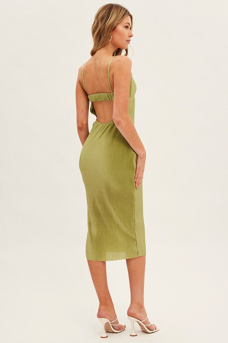 Green Slip Dress Midi Plisse Satin for Ally Fashion