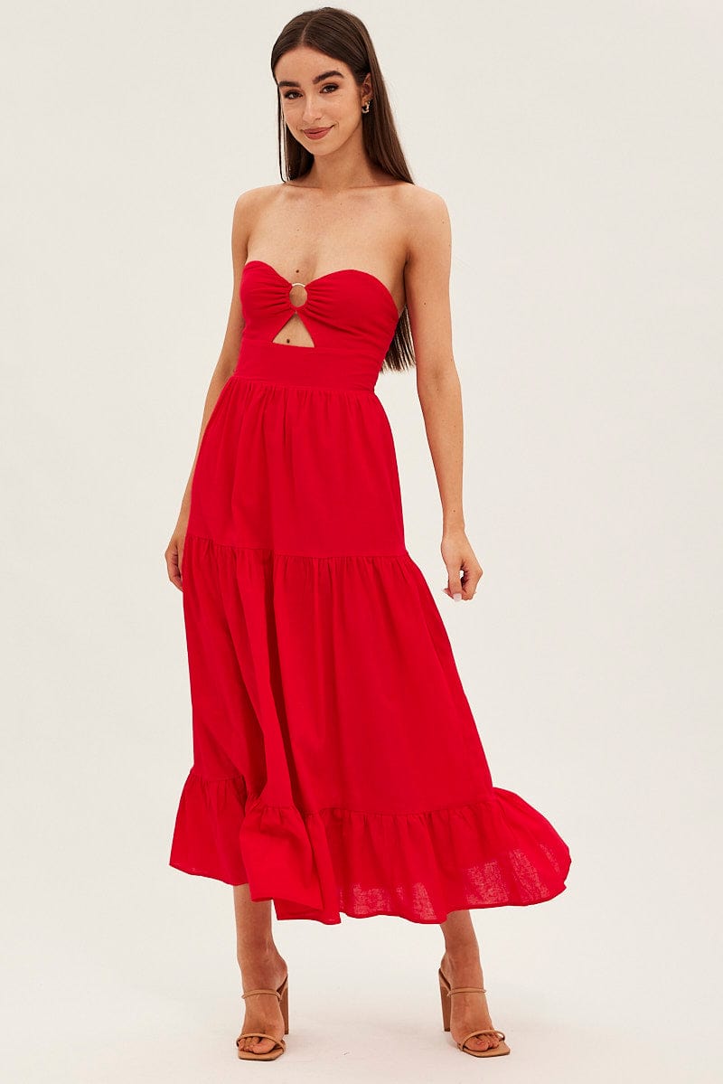 Red Maxi Dress Sleeveless Bandeau Ring Detail for Ally Fashion