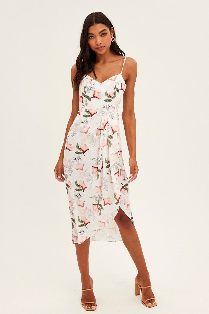 Print Midi Dress Sleeveless V Neck Wrap Floral Print for Ally Fashion