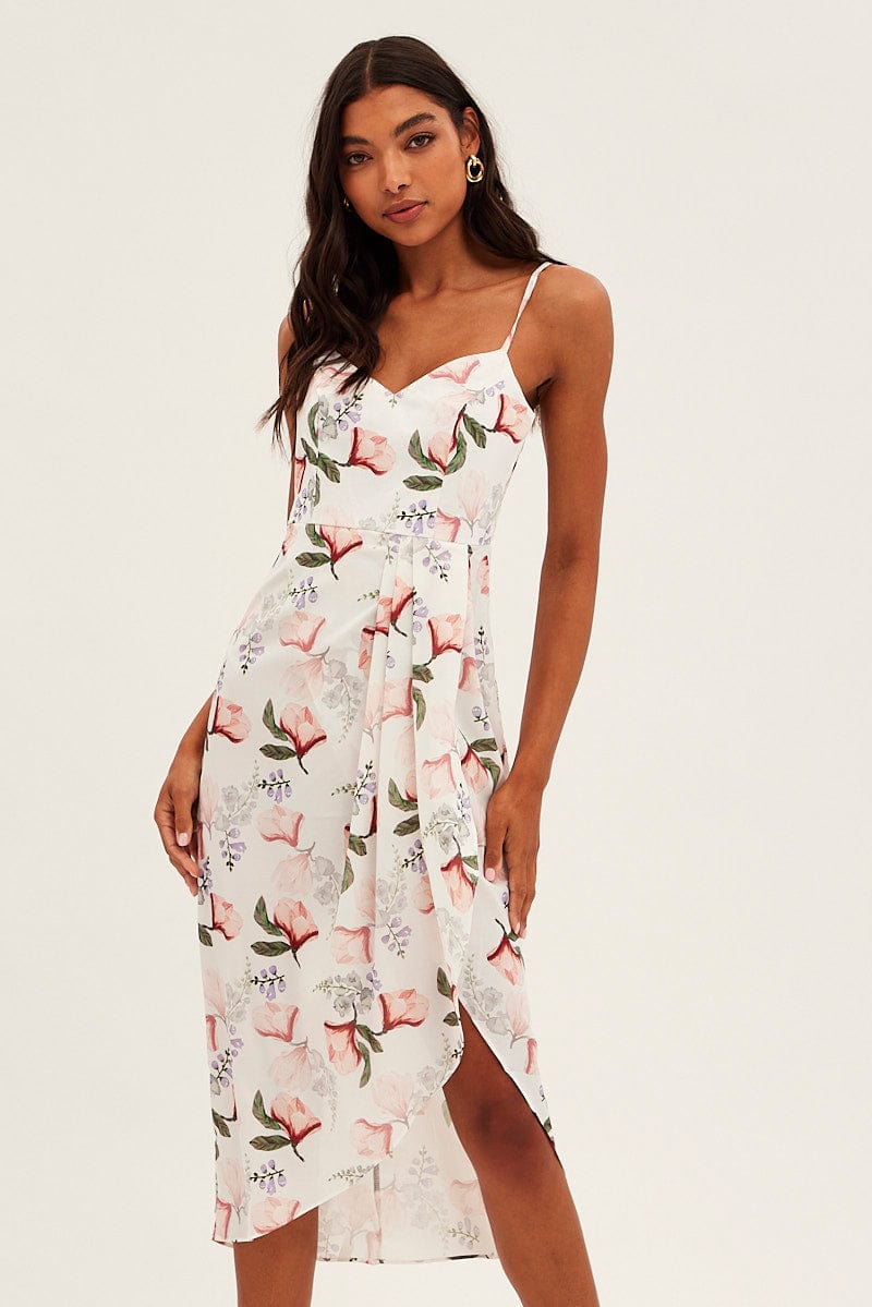 Print Midi Dress Sleeveless V Neck Wrap Floral Print for Ally Fashion