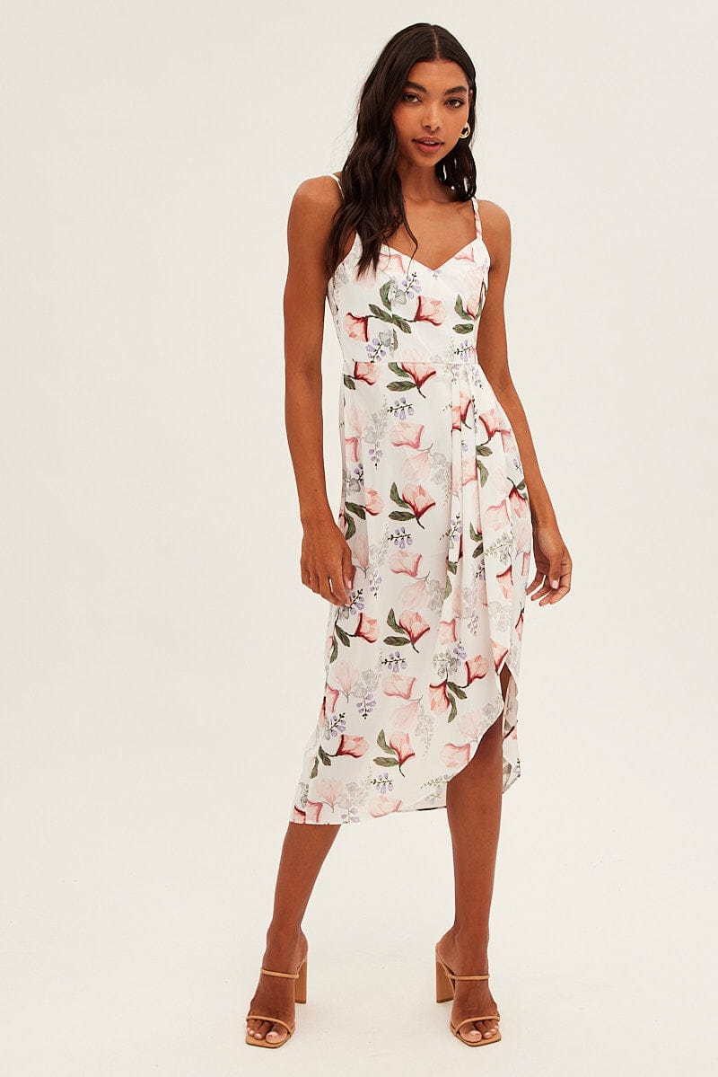 Print Midi Dress Sleeveless V Neck Wrap Floral Print for Ally Fashion