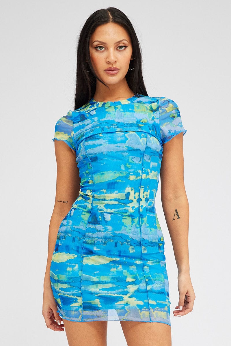 Blue Abstract Mini Dress Cap Sleeve Crew Neck Bodycon Mesh for Ally Fashion