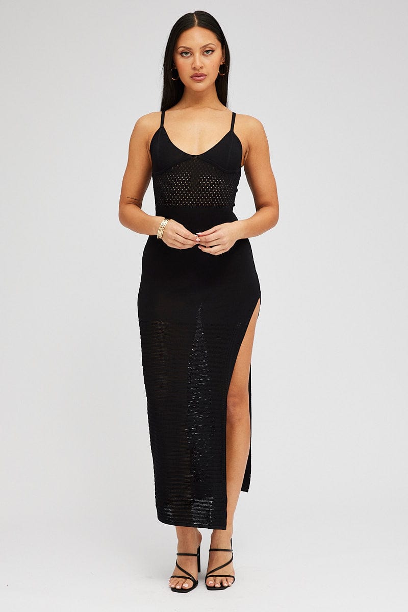 Black Knit Dress Sleeveless V Neck Midi Mixed Crochet Black Knit Dress Sleeveless V Neck Midi Mixed Crochet
