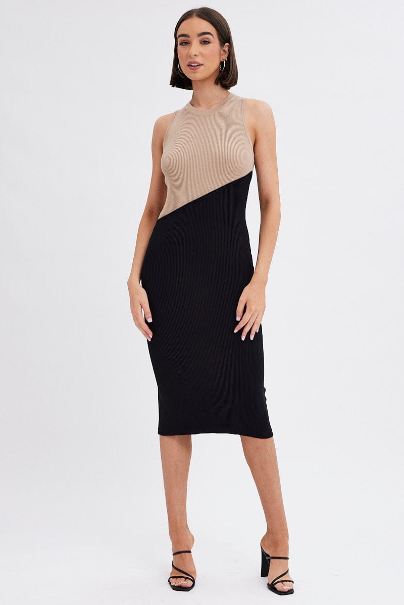 Black Midi Dress Round Neck Colour Blocked Knit for Ally Fashion