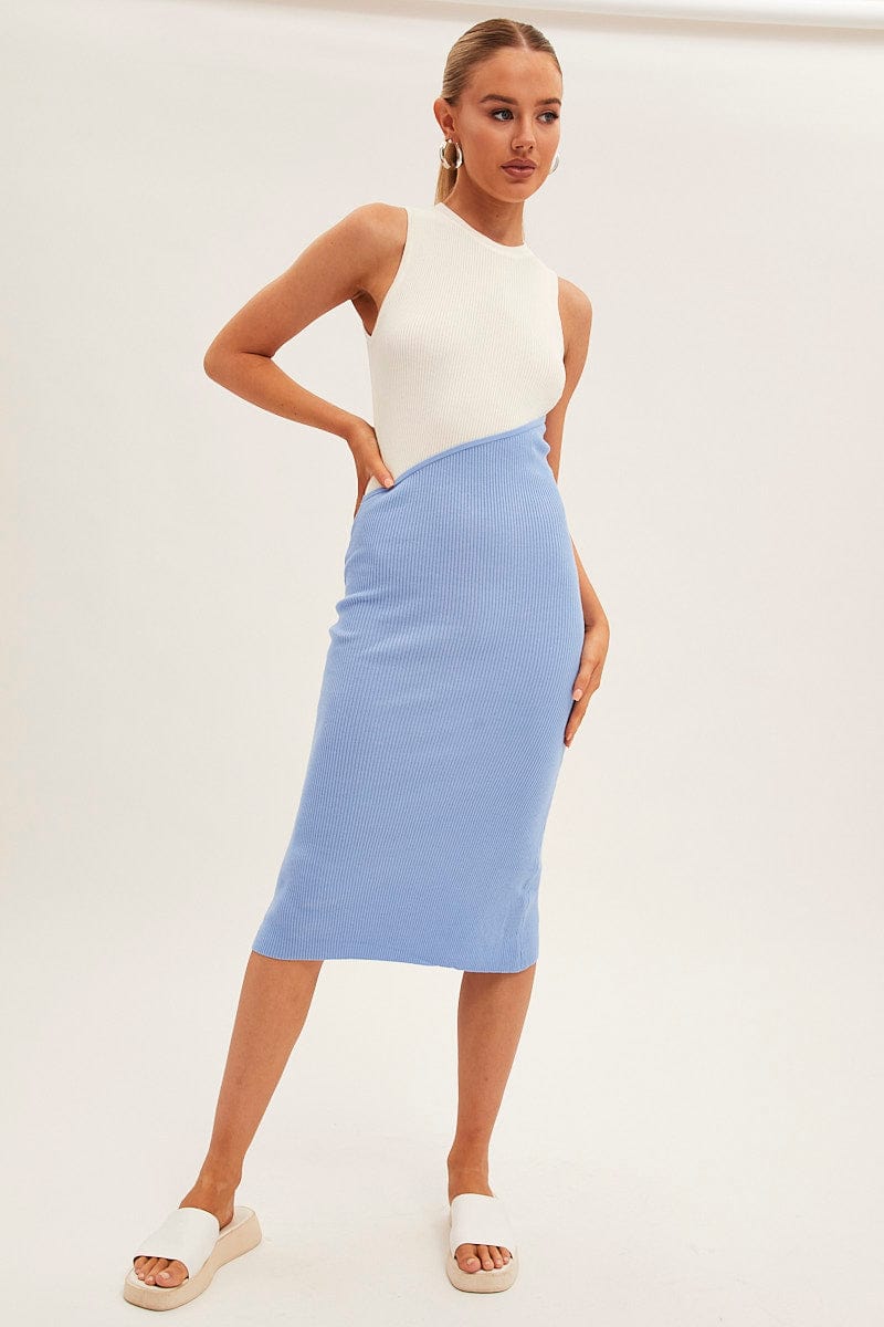 Blue Midi Dress Round Neck Colour Blocked Knit for Ally Fashion